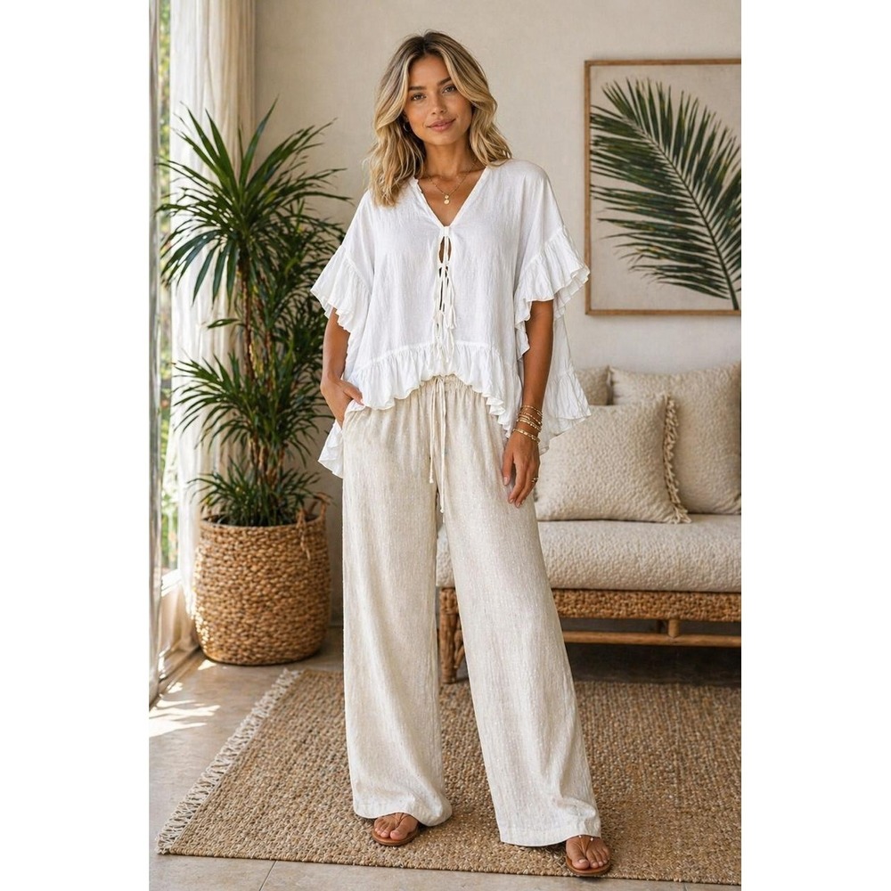SEE BY CHLOE Women's Tunic Top Blouse 34 White Ruffle Cotton Linen Portugal Made